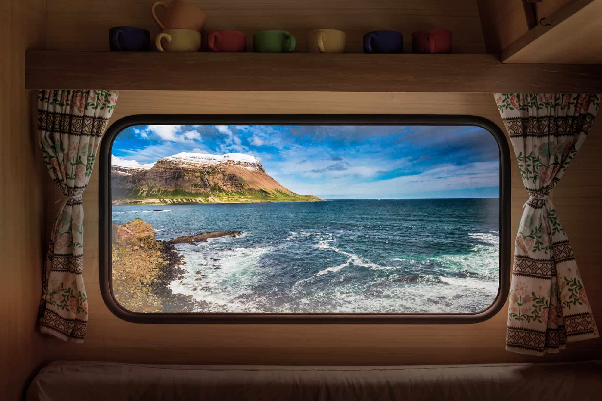 Arctic sea and coastline in Iceland, view from camper window