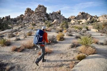 Hiker exploring Mojave Desert, Joshua Tree National Park, California